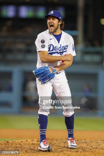 Los Angeles Dodgers Starting pitcher Trevor Bauer reacts in sixth inning of the MLB game between the San Francisco Giants and the Los Angeles Dodgers...