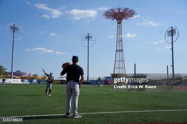 Minor League Baseball: Hudson Valley Renegades Anthony Seigler warming up in outfield before game vs Brooklyn Cyclones at Maimonides Park. Brooklyn,...