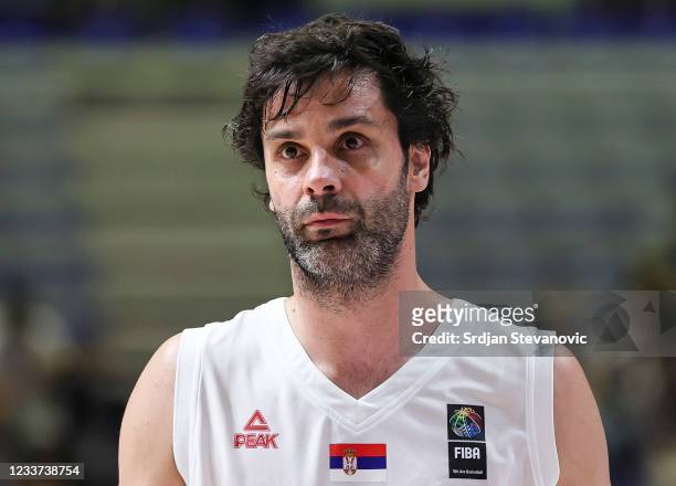Milos Teodosic of Serbia looks on during the FIBA Basketball Olympic Qualifying Tournament Group A match between Serbia and Philippines at Aleksandar...