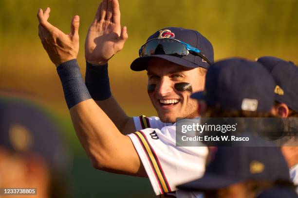 Minor League Baseball: Brooklyn Cyclones Jake Mangum clapping during game vs Hudson Valley Renegades at Maimonides Park. Brooklyn, NY 5/18/2021...