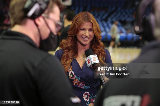 Sideline reporter, Rachel Nichols reports the game during Game 3 of the Western Conference Finals of the 2021 NBA Playoffs on June 24, 2021 at...