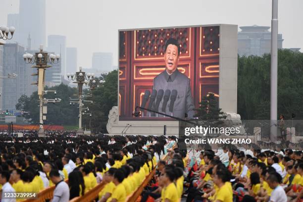 Chinese President Xi Jinping delivers a speech during the celebrations of the 100th anniversary of the founding of the Communist Party of China at...