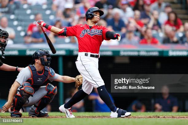 Cesar Hernandez of the Cleveland Indians hits a solo home run off of José Ureña of the Detroit Tigers in the third inning during game one of a...