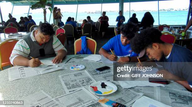 Photo taken on 24 June, 2021 shows a nuclear test art workshop and contest in Majuro sponsored by the Marshall Islands National Nuclear Commission to...