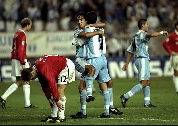 The Lazio team celebrates after winning the UEFA Super Cup match against Manchester United in Monaco. \ Mandatory Credit: Ben Radford /Allsport