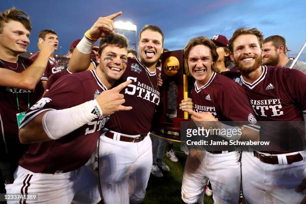 The Mississippi State Bulldogs celebrate after defeating the Vanderbilt Commodores during the Division I Men's Baseball Championship held at TD...