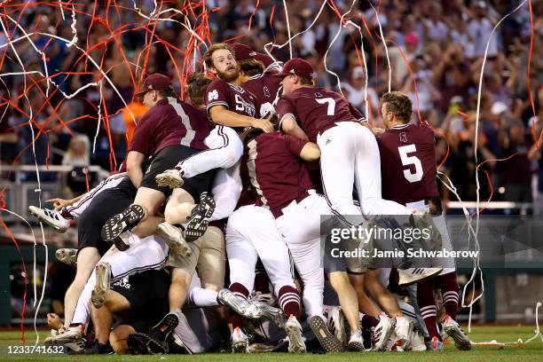 The Mississippi State Bulldogs celebrate after defeating the Vanderbilt Commodores during the Division I Men's Baseball Championship held at TD...