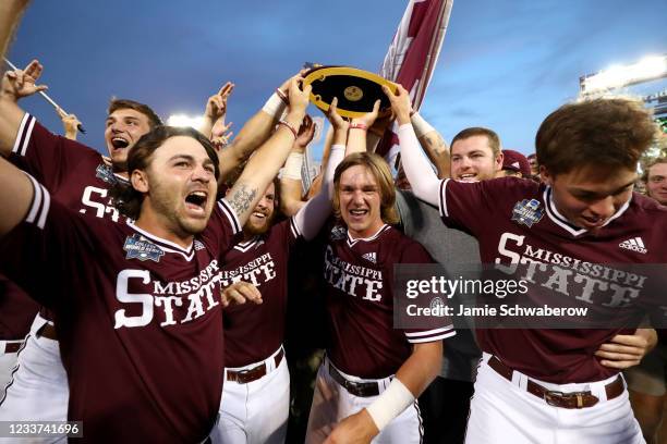 The Mississippi State Bulldogs celebrate after defeating the Vanderbilt Commodores during the Division I Men's Baseball Championship held at TD...