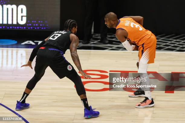 Clippers guard Paul George guarding Phoenix Suns guard Chris Paul during game 6 of the NBA Western Conference Final between the Phoenix Suns and the...
