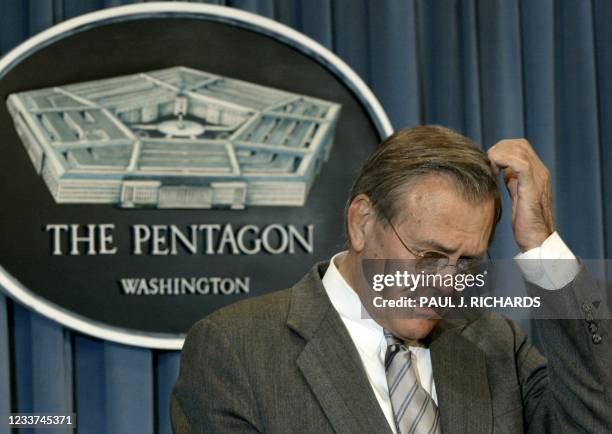 Secretary of Defense Donald Rumsfeld briefs reporters on developments on the war on terrorism, developments with Iraq, Saddam Hussein, North Korea,...