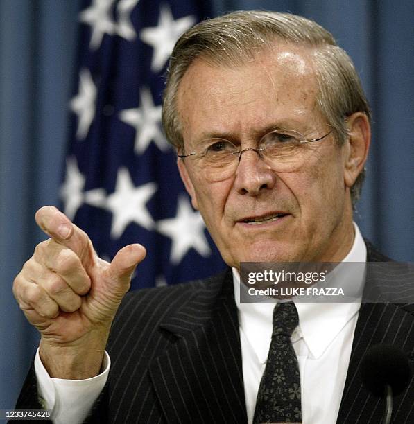 Secretary of Defense Donald Rumsfeld briefs reporters 09 April at the Pentagon in Washington, DC. The United States does not know if Saddam Hussein...