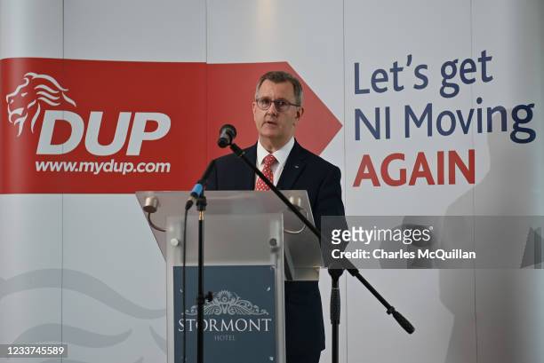 New DUP party leader Sir Jeffrey Donaldson delivers a keynote speech at The Stormont Hotel on July 1, 2021 in Belfast, Northern Ireland. Sir Jeffrey...