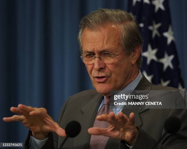 Secretary of Defense Donald H. Rumsfeld speaks to reporters during a press briefing at the Pentagon 24 July, 2003 in Washington, DC. Photographs of...