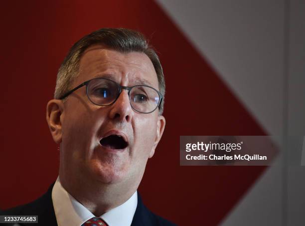 New DUP party leader Sir Jeffrey Donaldson delivers a keynote speech at The Stormont Hotel on July 1, 2021 in Belfast, Northern Ireland. Sir Jeffrey...