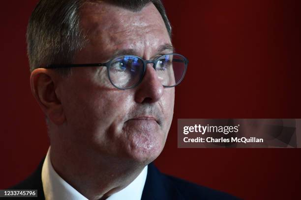 New DUP party leader Sir Jeffrey Donaldson delivers a keynote speech at The Stormont Hotel on July 1, 2021 in Belfast, Northern Ireland. Sir Jeffrey...