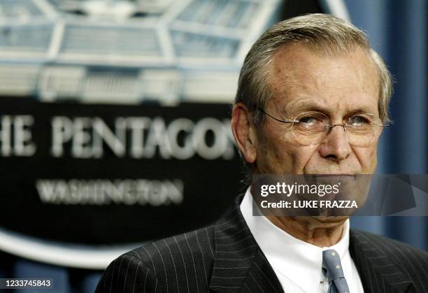 Secretary of Defense Donald Rumsfeld speaks to reporters 01 April 2003 at the Pentagon in Washington, DC. Rumsfeld said it was not clear whether...