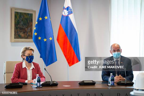 European Commission President Ursula von der Leyen and Slovenias Prime Minister Janez Jansa meet in Brdo pri Kranju on July 1 as Slovenia takes over...