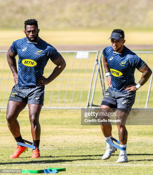 Siya Kolisi and Elton Jantjies of the Springboks during the South Africa national men's rugby team captains run at St Stithians on JULY 1, 2021 in...