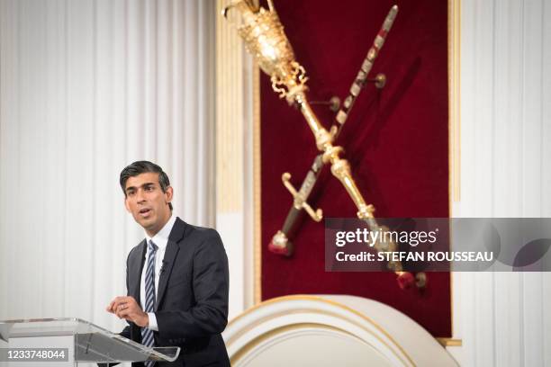 Britain's Chancellor of the Exchequer Rishi Sunak delivers his 'Mansion House' speech at the Financial and Professional Services Address, previously...