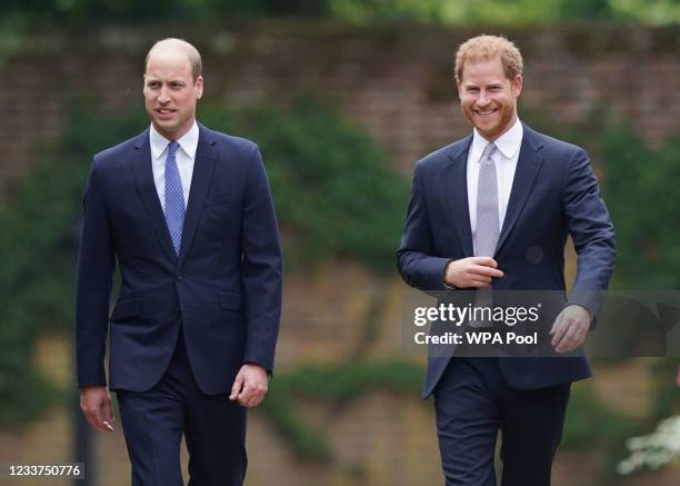 Prince William, Duke of Cambridge and Prince Harry, Duke of Sussex arrive for the unveiling of a statue they commissioned of their mother Diana,...