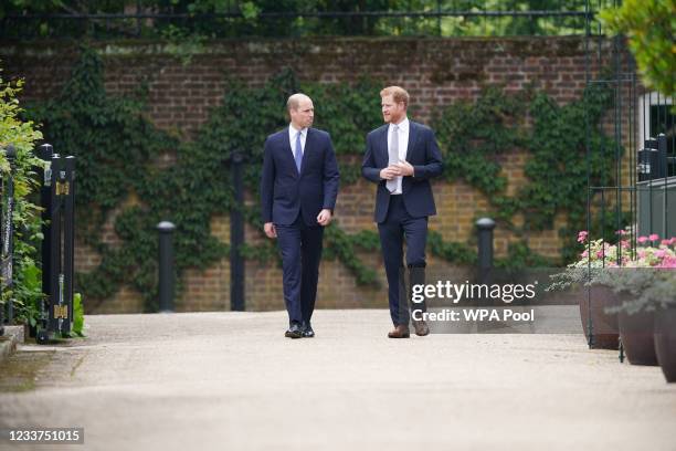 Prince William, Duke of Cambridge and Prince Harry, Duke of Sussex arrive for the unveiling of a statue they commissioned of their mother Diana,...