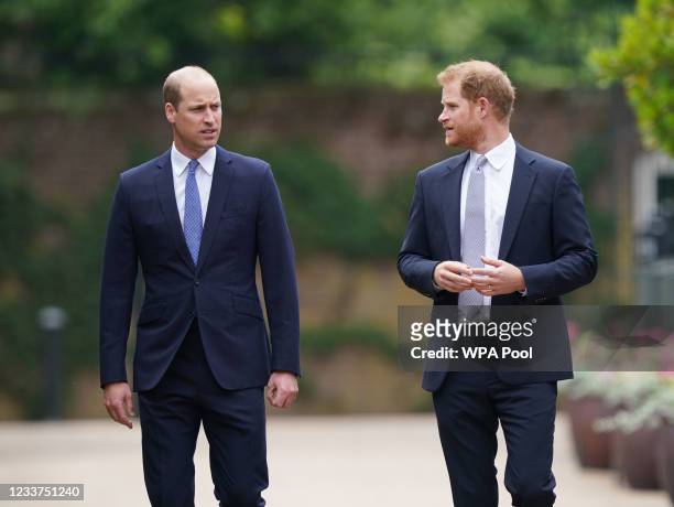 Prince William, Duke of Cambridge and Prince Harry, Duke of Sussex arrive for the unveiling of a statue they commissioned of their mother Diana,...