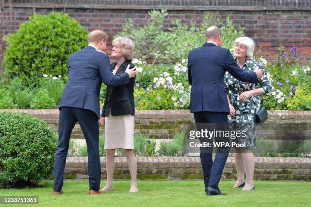 Prince Harry, Duke of Sussex and Prince William, Duke of Cambridge greet their aunts Lady Sarah McCorquodale and Lady Jane Fellowes during the...