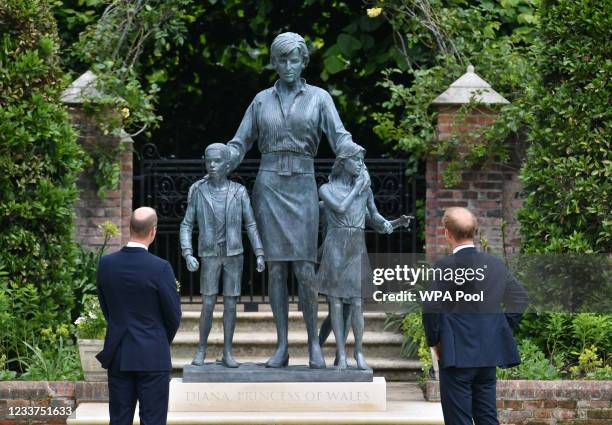 Prince William, Duke of Cambridge and Prince Harry, Duke of Sussex after they unveiled a statue they commissioned of their mother Diana, Princess of...