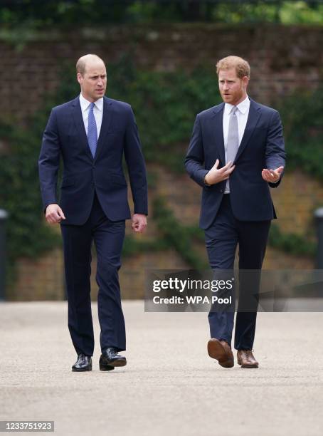 Prince William, Duke of Cambridge and Prince Harry, Duke of Sussex arrive for the unveiling of a statue they commissioned of their mother Diana,...