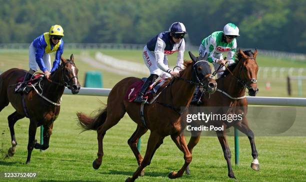 Albert Camus ridden by Robert Havlin coming home to win the racingtv.com Handicap at Haydock Park Racecourse on July 1, 2021 in Newton-le-Willows,...