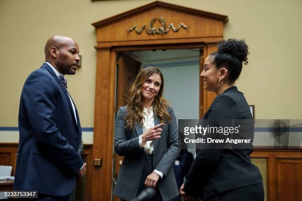 Former U.S. Surgeon General Dr. Jerome Adams, actress and activist Sophia Bush and epidemiologists Jessica Malaty Rivera talk with each other before...