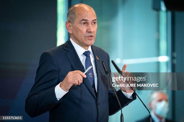 Slovenia's Prime Minister Janez Jansa gives a press conference after Slovenia took over the rotating European Union presidency, in Brdo, near Kranju...