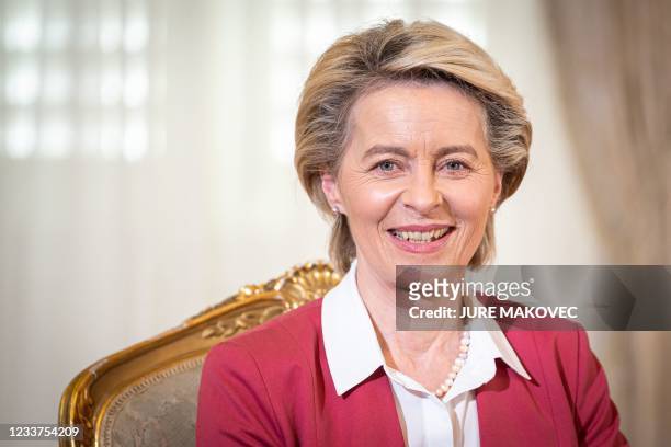 European Commission President Ursula von der Leyen smiles during a meeting with Slovenia's President after Slovenia took over the rotating European...