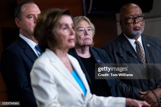 From left, Rep. Adam Schiff, D-Calif., Speaker of the House Nancy Pelosi, D-Calif., Zoe Lofgren, D-Calif., and Bennie Thompson, D-Miss., who will...