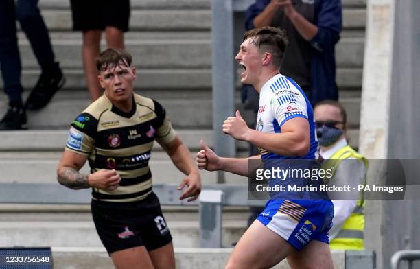 Leeds Rhinos' Jack Broadbent celeb rates scoring a try during the Betfred Super League match at Emerald Headingley Stadium, Leeds. Picture date:...