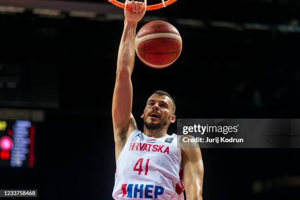 Ante Zizic of Croatia making a dunk during the 2020 FIBA Men's Olympic Qualifying Tournament game between Croatia and Tunisia at Spaladium Arena on...
