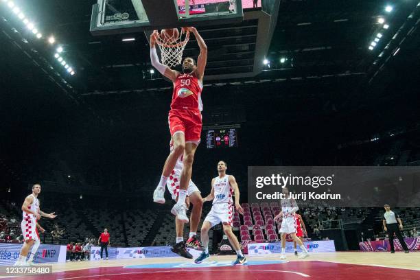 Salah Mejri of Tunisia dunk the ball during the 2020 FIBA Men's Olympic Qualifying Tournament game between Croatia and Tunisia at Spaladium Arena on...