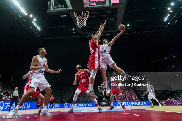 Mario Hezonja of Croatia making a layup during the 2020 FIBA Men's Olympic Qualifying Tournament game between Croatia and Tunisia at Spaladium Arena...