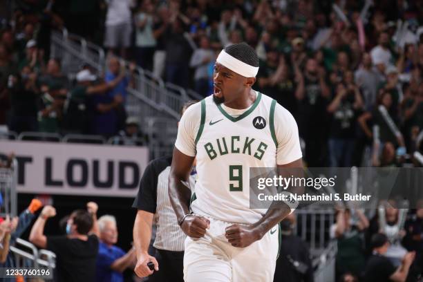 Bobby Portis of the Milwaukee Bucks celebrates during Game 5 of the Eastern Conference Finals of the 2021 NBA Playoffs on July 1, 2021 at the Fiserv...