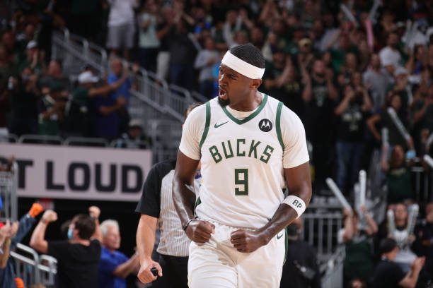 Bobby Portis of the Milwaukee Bucks celebrates during Game 5 of the Eastern Conference Finals of the 2021 NBA Playoffs on July 1, 2021 at the Fiserv...