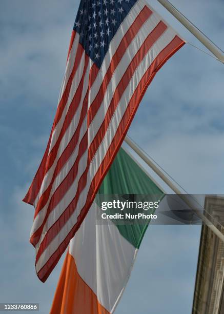 Flag of United States of America and flag of Ireland. On Thursday, 01 July 2021, in Dublin, Ireland.