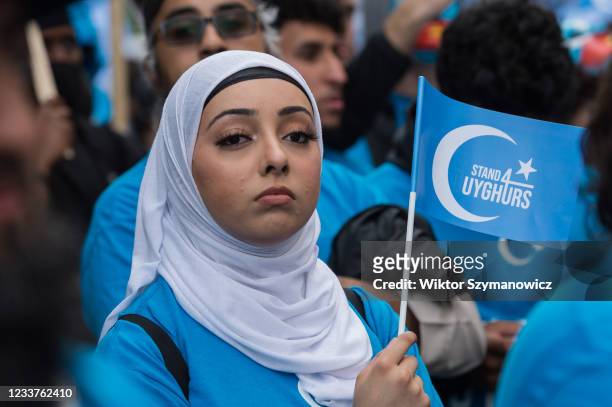 Protesters demonstrate in front of the Chinese Embassy in support of the repressed Uyghur Muslim community who live in Xinjiang in northwest China on...