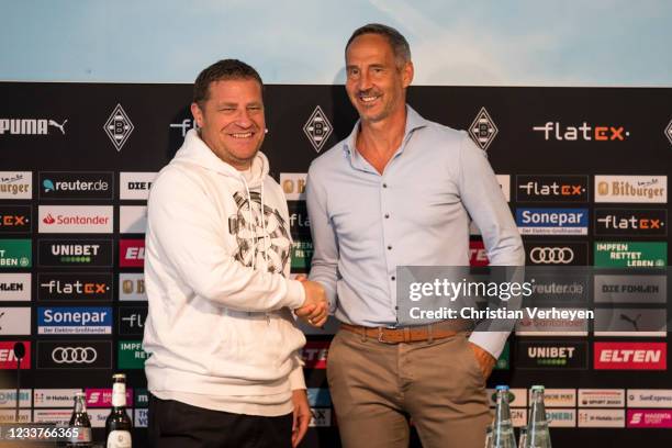 Director of Sport Max Eberl and Headcoach Adi Huetter of Borussia Moenchengladbach are seen during a press conference at Borussia-Park on July 02,...