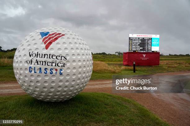 The leaderboard is shown on the 18th hole during a weather delay in the start of the second round of the Volunteers of America Classic at the Old...