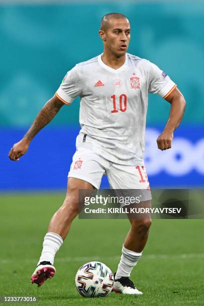 Spain's midfielder Thiago Alcantara controls the ball during the UEFA EURO 2020 quarter-final football match between Switzerland and Spain at the...