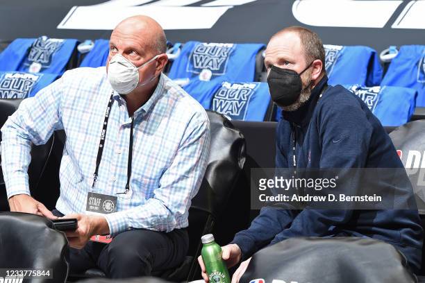 Owner Steve Ballmer of the LA Clippers and Lawrence Frank talk during Round 2, Game 6 of the 2021 NBA Playoffs on June 18, 2021 at STAPLES Center in...