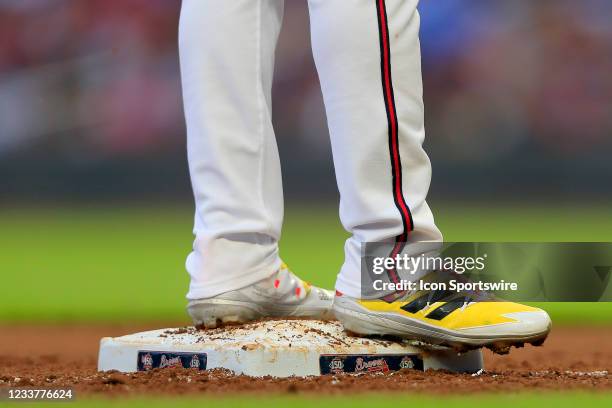 Detailed view of the Adidas cleats of Abraham Almonte of the Atlanta Braves during the Thursday night MLB game between the Atlanta Braves and the New...