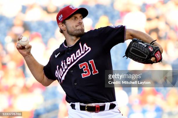 Max Scherzer of the Washington Nationals pitches in the first inning during a baseball game against the Los Angeles Dodgers at Nationals Park on July...