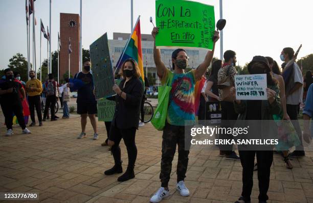 People from the LGBT community protest against the approval in the chamber of deputies of the new Penal Code, in front of the National Congress in...