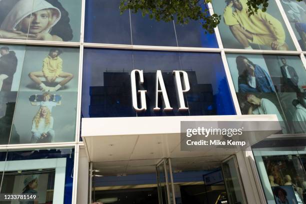 Sign for the American clothing company GAP on 2nd July 2021 in London, United Kingdom. The US fashion store Gap has confirmed it plans to close all...